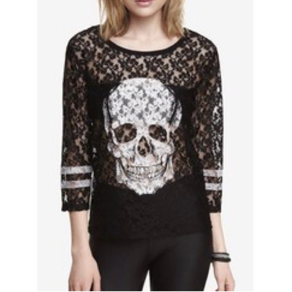 VTG Express Y2K Skull black‎ sheer jersey Halloween Top Spooky Fall Punk Emo Boo